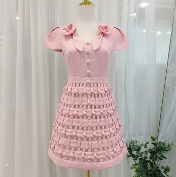 Дамски сладки розови мини рокли къс ръкав копчета 3D цветя тъкани рокля