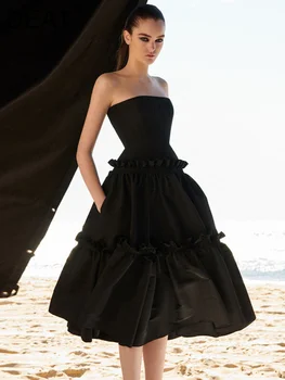 Дамски черни елегантни къдри Midi рокля Нова рокля без презрамки без ръкави A-line Party Fit Fashion Tide Spring Summer Vestidos Female
