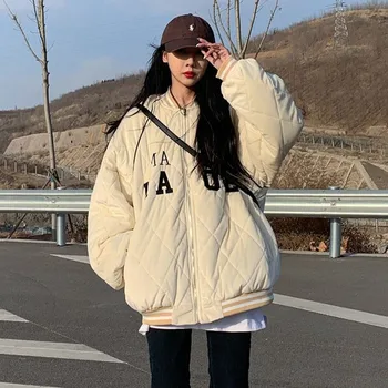Дамско зимно яке Удебелено бейзболно яке 2023 Зимно ново корейско модно облекло Preppy стил памучно палто яке хлабав топло палто