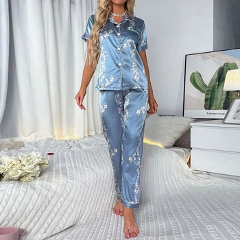 Дамско спално облекло сатенена копринена пижама комплекти цветен печат къс ръкав върховете с панталони две части комплект пижама за жена домашен костюм