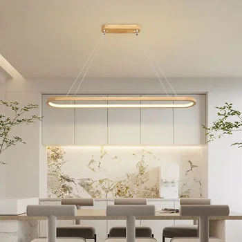  дърво / LED висулка лампа за трапезария минимален домашен декор дълга маса пръстен кухня модерен висящ полилей вътрешно осветително тяло