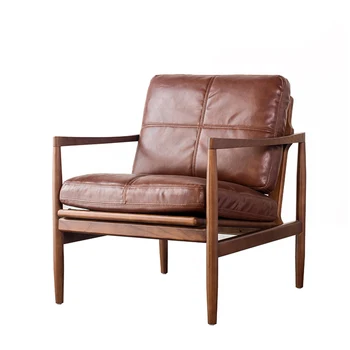 Единичен диван стол скандинавски модерен стол за четене масивна дървесина естествена кожа проучване реколта Ханк стол дизайнер свободно време стол