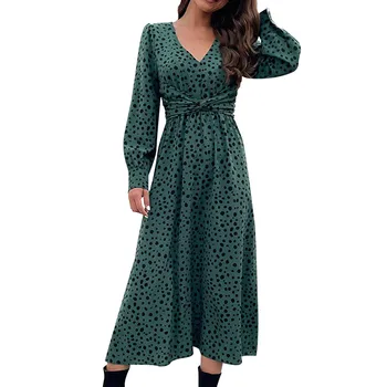 Елегантна леопардова рокля с дълъг ръкав в зелен удобен V образно деколте линия дълга рокля женски реколта ежедневни плажни рокли