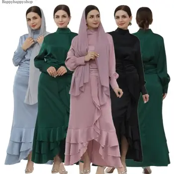 Елегантни жени две парчета рокля мюсюлмански ислямски сатен разрошени тънки върхове и увийте поли коктейл парти Abaya рокля модни комплекти