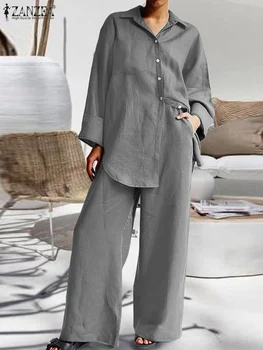 Есен жени две части комплекти ZANZEA мода блуза комплект дълъг ръкав ревера риза панталони комплекти причинно-следствен анцуг елегантна работа OL екипировки