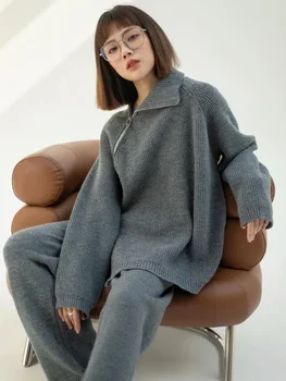 Есенен плетен комплект от две части жени 2023 г. Пуловери с цип и панталон с широки крака Плътни пуловер комплекти с високо деколте за жени 2 броя
