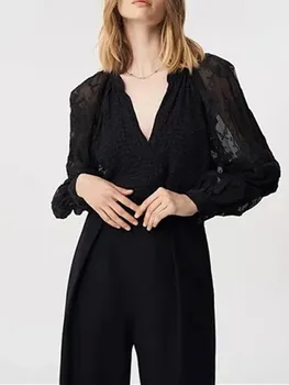 жени Френска черна блуза с V-образно деколте 2023 Пролетна дамска дантелена риза и върхове с дълъг ръкав
