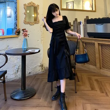 Жените реколта елегантен черен бутер ръкав Midi рокля лято женски случайни корейски мода тип Mixi плисирани дълги рокли Vestidos