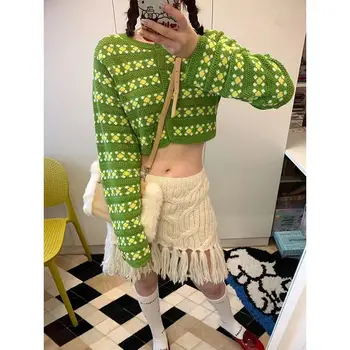 Корейска мода изрязана плетена жилетка жени Kawaii естетически пуловер Harajuku дълъг ръкав върховете корейски тоалети дрехи