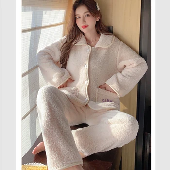 корейски стил INS жилетка фланела зимна пижама жени чисто желание вятър дълъг ръкав дълги панталони плюс размер 100 кг мазнини MM домашно облекло