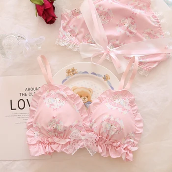 Лолита Дамски сладък млечен волан аниме печат сутиен бикини бельо комплект японски момиче сутиени слипове бельо прекрасен розов сутиен комплект
