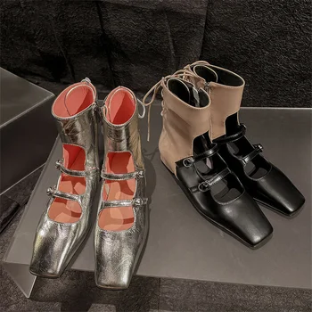 Лятна мода глезена ботуши кухи навън дамски обувки ключалката каишка Botas Mujer дантела нагоре помпи цип стил обувки марка дизайн нов