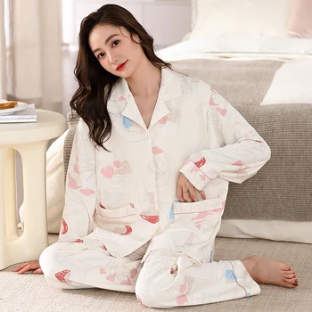 Майчинство пижами комплект кърмене спално облекло жени памук връхни дрехи гъби печат кърмещи дрехи за бременни голям размер
