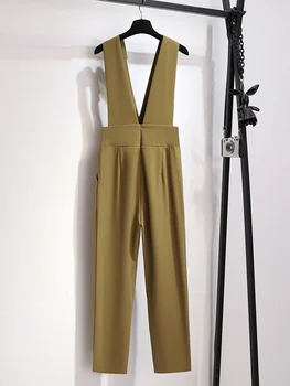 Мода лято универсален плътен цвят дизайн бутон костюм гащеризон жените свободно време висока талия панталон женски 2023 пролет