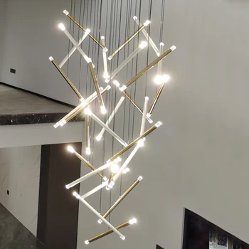 Модерен LED творчески черен кръг тръба дизайн полилей дуплекс таванско помещение стълбище висящи стълбищни лампа Начало интериорно осветление декорация