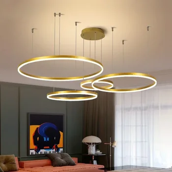 Модерни LED кръгли пръстени полилеи Начало Вътрешен хол Трапезария Вила Декор Висящи висулка светлина четка злато черен блясък