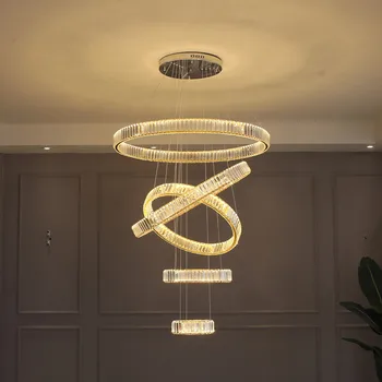 Модерно осветление на полилеи Голяма хотелска зала Стълбище LED кристални полилеи Кръгли пръстени Осветителни тела Начало декорация лампа