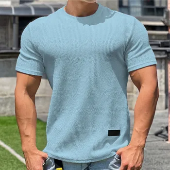 Мъжки плътен цвят екипажа врата къс ръкав спортна база тениска упражнение и концерт T ризи за мъже средно T риза обикновен T риза