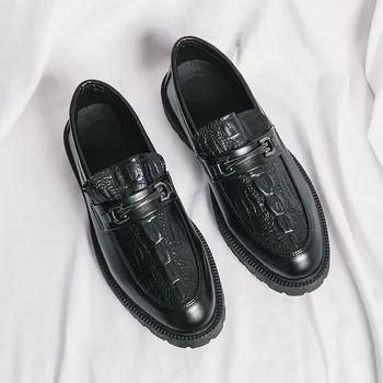 Мъжки черни обувки от естествена кожа, мода, свободно време, катарама за конско заглавие, обувки Lefu, крокодилски модел, бизнес рокля, мъжки обувки