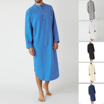 Мюсюлманска роба Мъже Thobe Jubba арабски бутон плътен цвят хлабав дълъг ръкав Дубай Саудитският кафтан мъж мюсюлманско облекло за сън