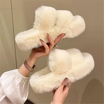 Нов зимен отворен пръст чехъл мода кожа дебела подметка апартаменти петата дами случайни приплъзване на спалня обувки меки външни слайдове обувки