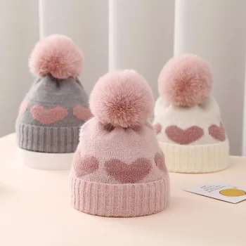 Нова есен зима бебе плетени шапки момичета акрилни сгъстяване топло малко дете Beanie сладко сърце новородено шапки за 0-12 месеца