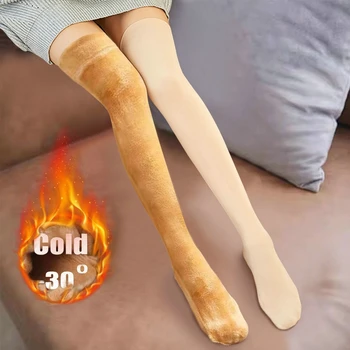 Нова зима сгъсти кадифе бедрото високо дълги чорапи жени топло над коляното чорапи кожа черен плюшени чорапи компресия ботуши гамаши