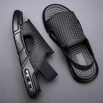 Нови мъжки сандали Лятна модна възглавница Ежедневни обувки Удобни улични хладни меки обувки за плаж Черни плетени сандали