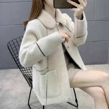 Норка руно яке жени есен и зима 2023 Нови къси дебели свободни дами корейски плетени пуловер жилетка ревера палто