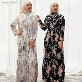 Рамадан EID Макси рокля с дълъг ръкав шифон флорални Abaya мюсюлманско ислямско облекло Дубай мода елегантни вестидо за жени