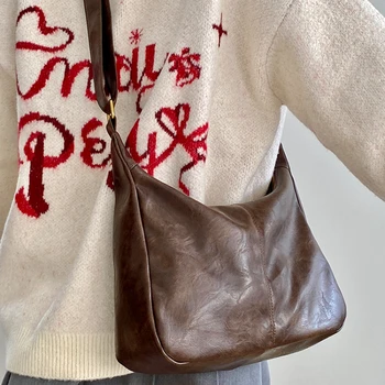 Ретро голям капацитет жените пратеник чанта прост плътен цвят Pu кожа женски рамо чанти мода сладък готин дами чанти