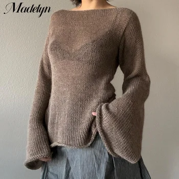 Ретро превръзка без гръб Y2k пуловер дамски отблясъци ръкав плетен пуловер дама мода случайни секси момиче O-образно деколте джъмпери улично облекло