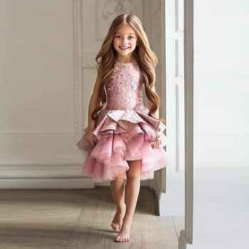 Розов диференциран тюл принцеса пухкави цветя момиче рокли за бебе сватбено парти високо-ниско дете Brithday рокли първи причастие
