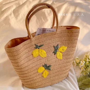 Ръчно изработена бродерия Тайланд голям капацитет ръчен слама тъкани чанта лято реколта лимон ръчен рамо чанта