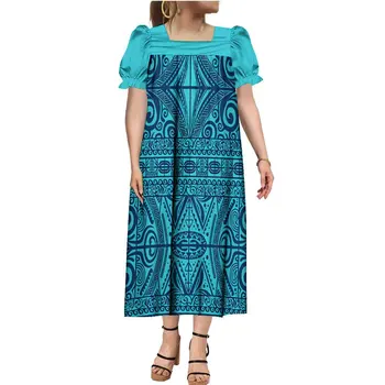 Синя полинезийска племенна дамска рокля MUMU Самоа Елегантни рокли по поръчка квадратно деколте Хавай лятна дълга рокля