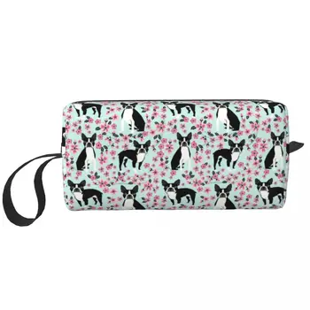 Сладък Бостън териер черешов цвят пролет пътуване тоалетна чанта за жени домашен любимец куче грим козметична чанта красота съхранение Dopp комплект