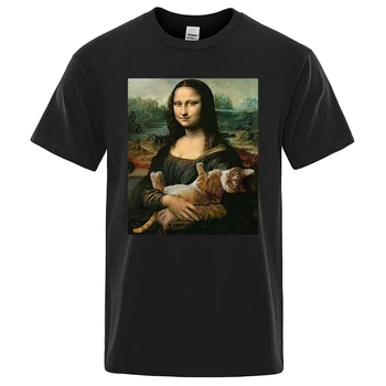 Смешни Мона Лиза и котка печат тениски мъже лято дишаща къс ръкав O-образно деколте марка върховете хлабав извънгабаритни чай облекло мъж