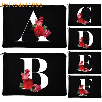 Флорална начална буква Черно от А до Я Английска азбука цветя подаръци платно козметични чанти грим тоалетна чанта молив случай цип торбичка