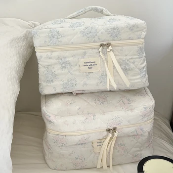Флорални грим чанта жени голям капацитет ватирани пътуване козметична чанта естетически козметични торбичка чанта тоалетни измиване грим чанта