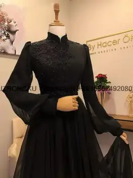 Черни музилни вечерни рокли с дълъг ръкав A-Line шифон с високо деколте Дубай Арабска официална рокля Prom vestidos elegantes para mujer