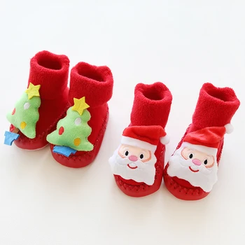 чорапи бебе Коледа зима новородени чорапи гумени подметки устойчиви на хлъзгане вътрешни чорапи топли дебели чорап обувки Коледа Нова година подарък
